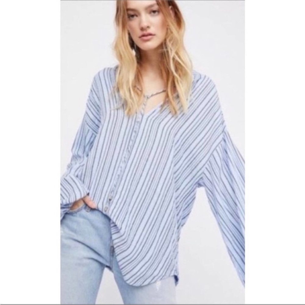 Free People Rhythm of the Night Tunic Blue Bell Striped Bishop Sleeve
